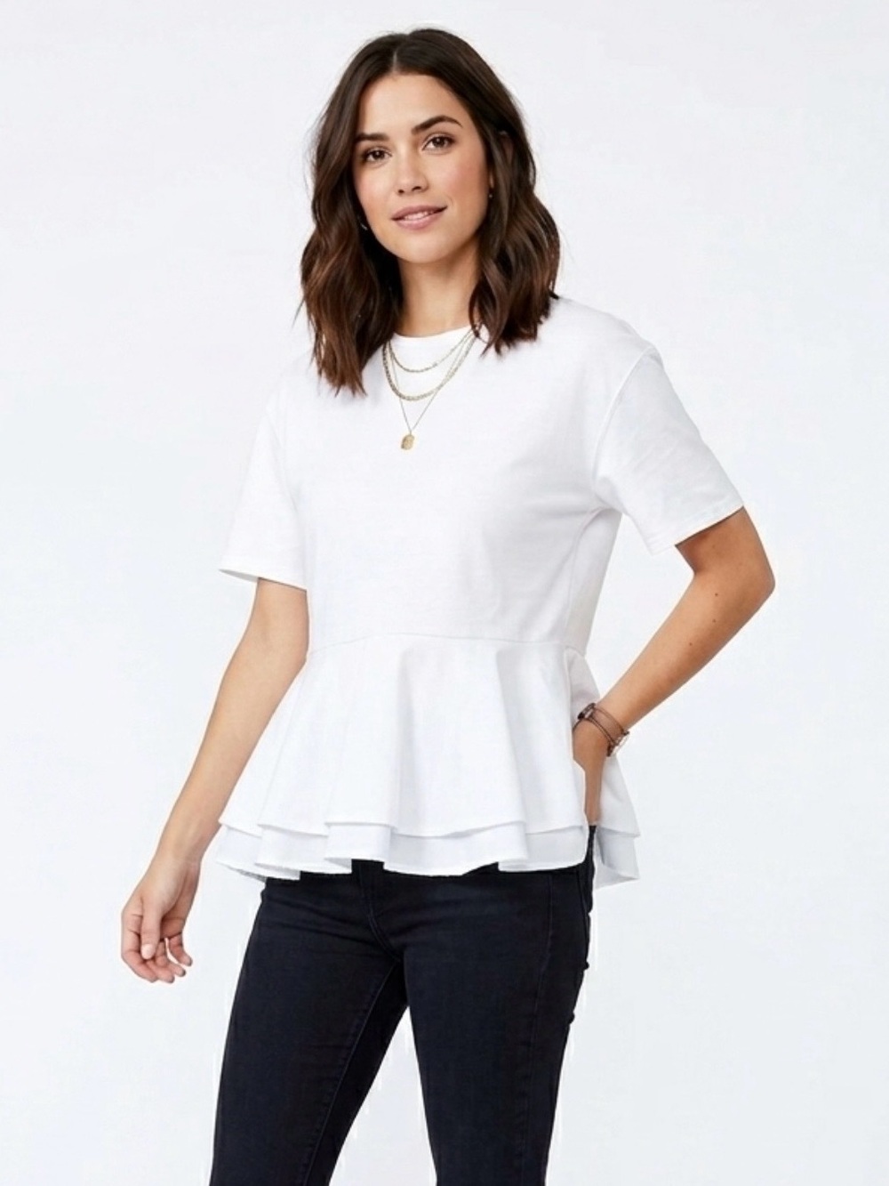 ZARA White 100% Cotton Peplum Flared Waist T-Shirt Top - Size M